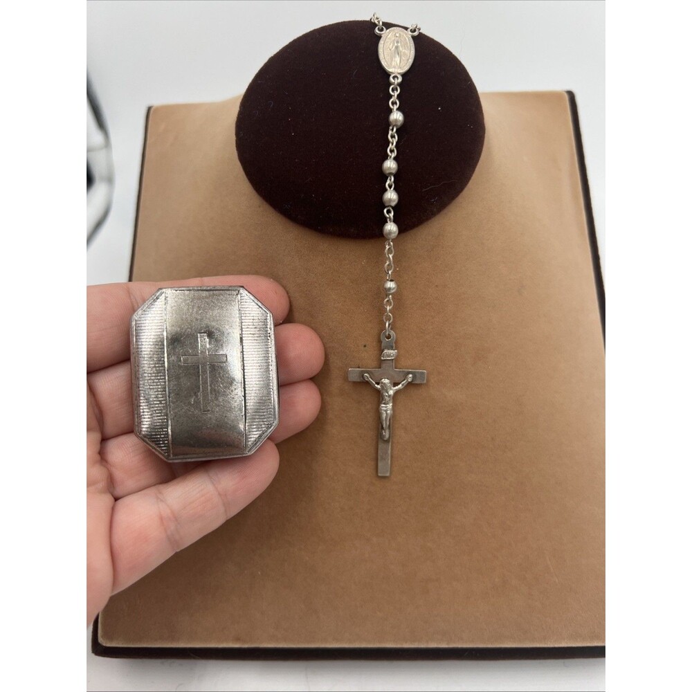 Vintage Sterling Silver Rosary & Cross Rosary Box Mary Jesus Catholic 925